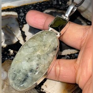 Large Green Glass Bead & Moss Prehnite Pendant 3 1/4”